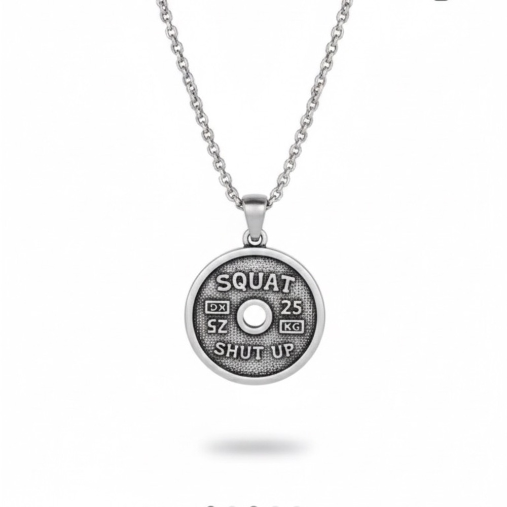 Silver Tone Weight Plate Pendant Necklace Squat Shut Up Gym Jewelry Unisex 11”